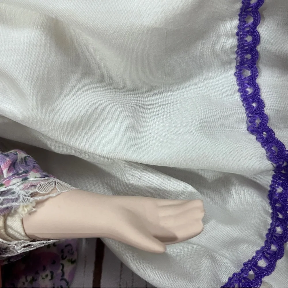 Porcelain Doll with purple floral dress and‎ Hat vintage
